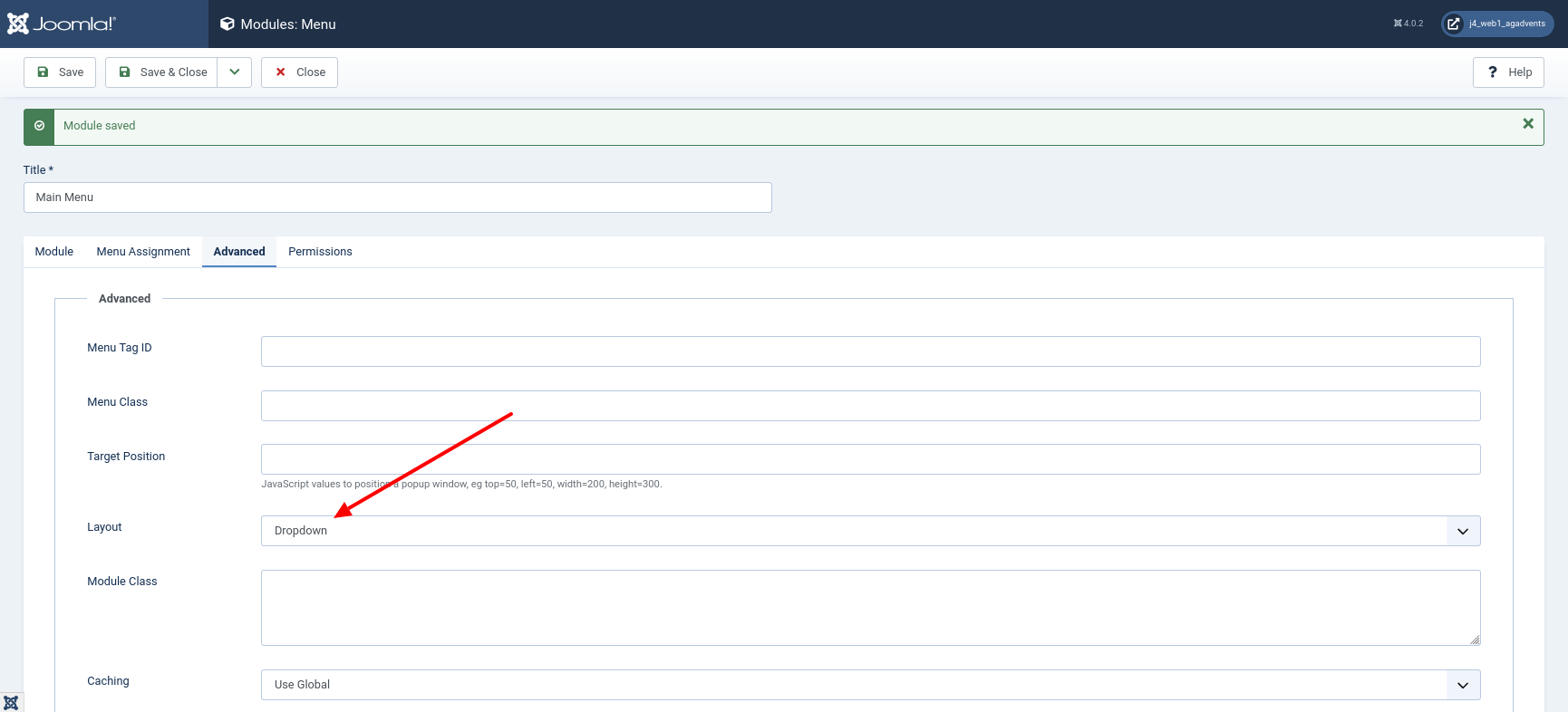 Frontend of a fresh Joomla 4 installation with Cassiopeia Dropdown