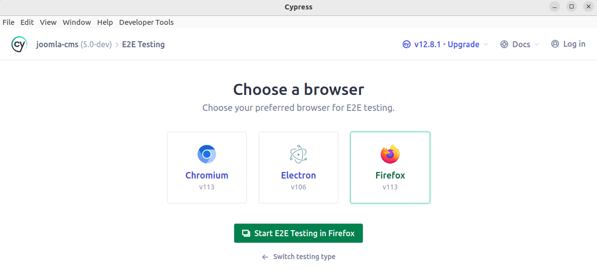 E2E tests in the Cypress app: select the browser to use.