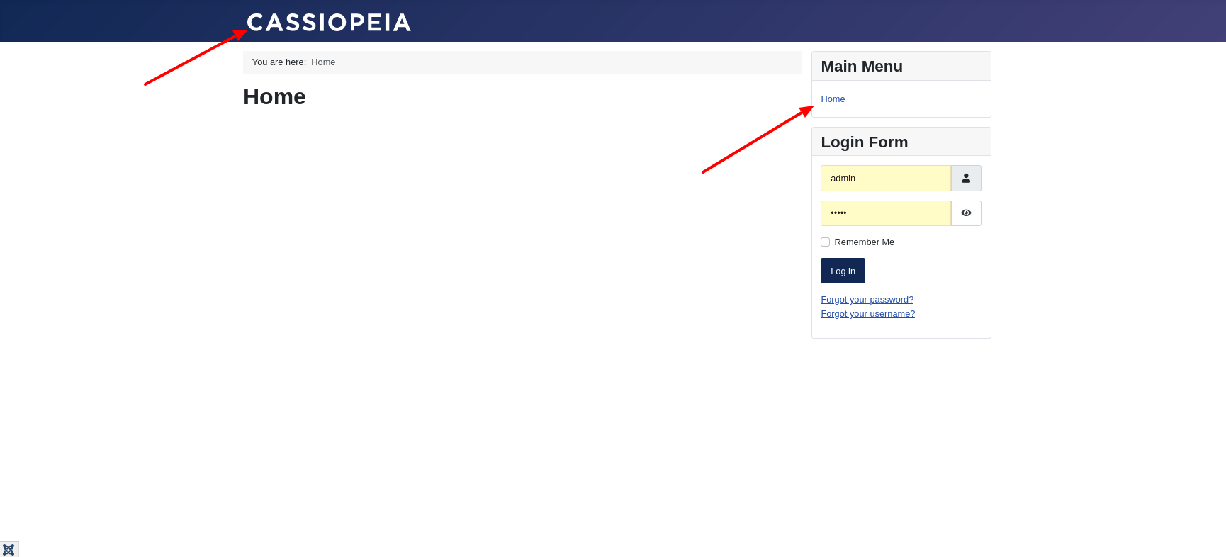 Frontend of a fresh Joomla 4 installation with Cassiopeia - menu in the sidebar
