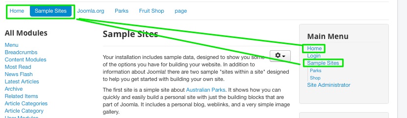 Joomla Sample Data Installation - notice how the top menu and side menu share some links. The top menu in the sample data is constructed mostly of Menu Item Aliases and other System Links.