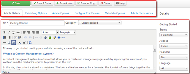 vs. Article edit screen in Joomla 3.0