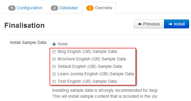 vs. five sample data sets on Joomla 3.0