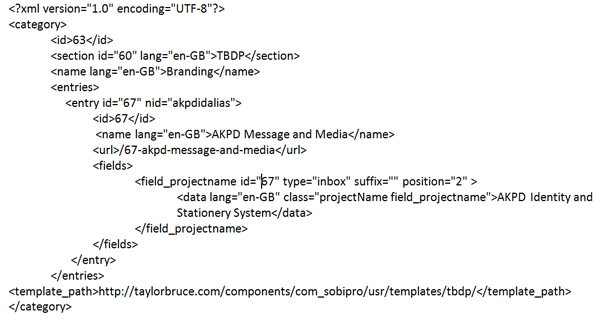 Ejemplo XML generado por SobiPro