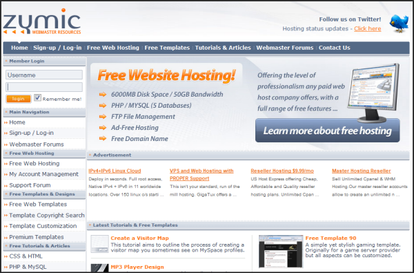 Free web hosting services | Zymic's Screenshot