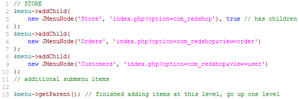 sample code for adding new menu items to the admin menu