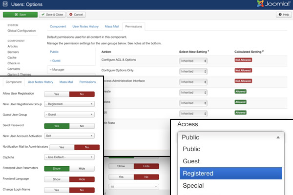 El registro de usuarios y control de acceso personalizable está integrada en el núcleo de Joomla.