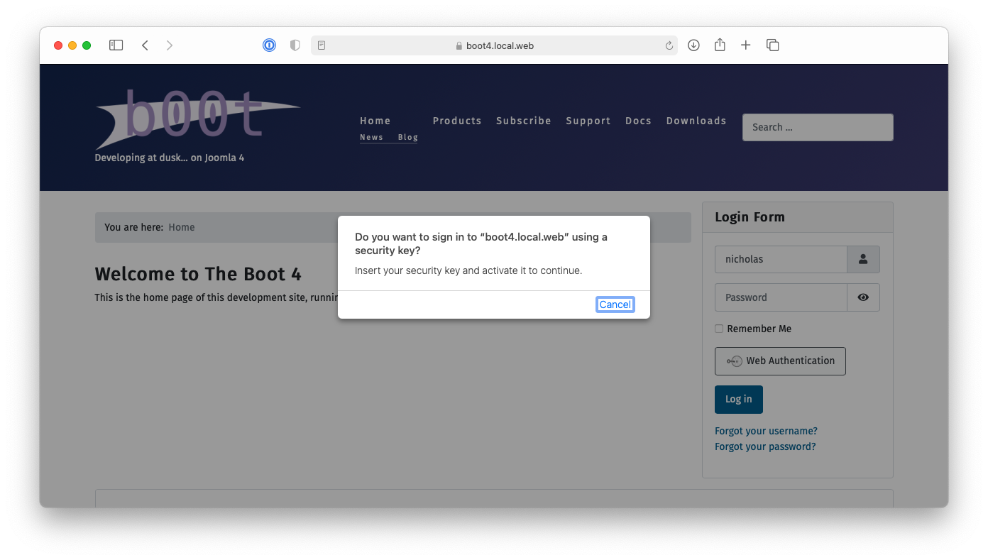 Screenshot of macOS asking the user to login with WebAuthn