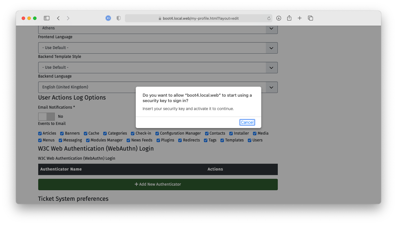 Capture d'écran montrant macOS demandant à l'utilisateur d'interagir avec son dongle matériel sécurisé