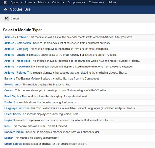 The Joomla modules overview listing