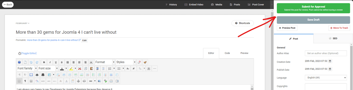 EasyBlog editor with submission buttons