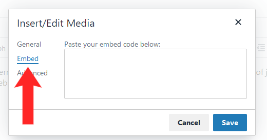 The insert/edit media popup with options
