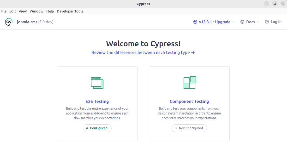 Cypress App öppnas efter att ha ringt 96;npm kör cypress:open96;.