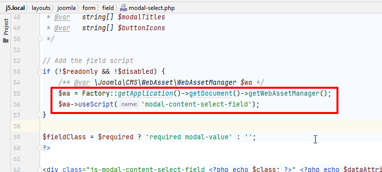 modal content select field asset in joomla 5