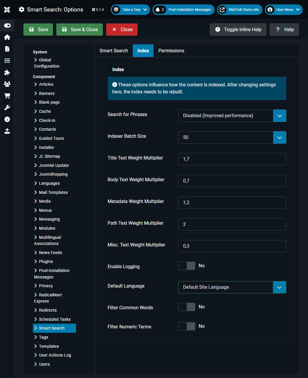 Screenshot of smart search indexing settings in Joomla 5.1