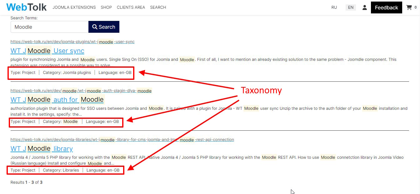 A taxonomy example in Joomla smart search.