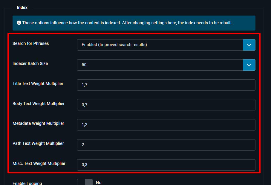 Joomla 5 smart search params - indexing weight settings for title, body, metadata