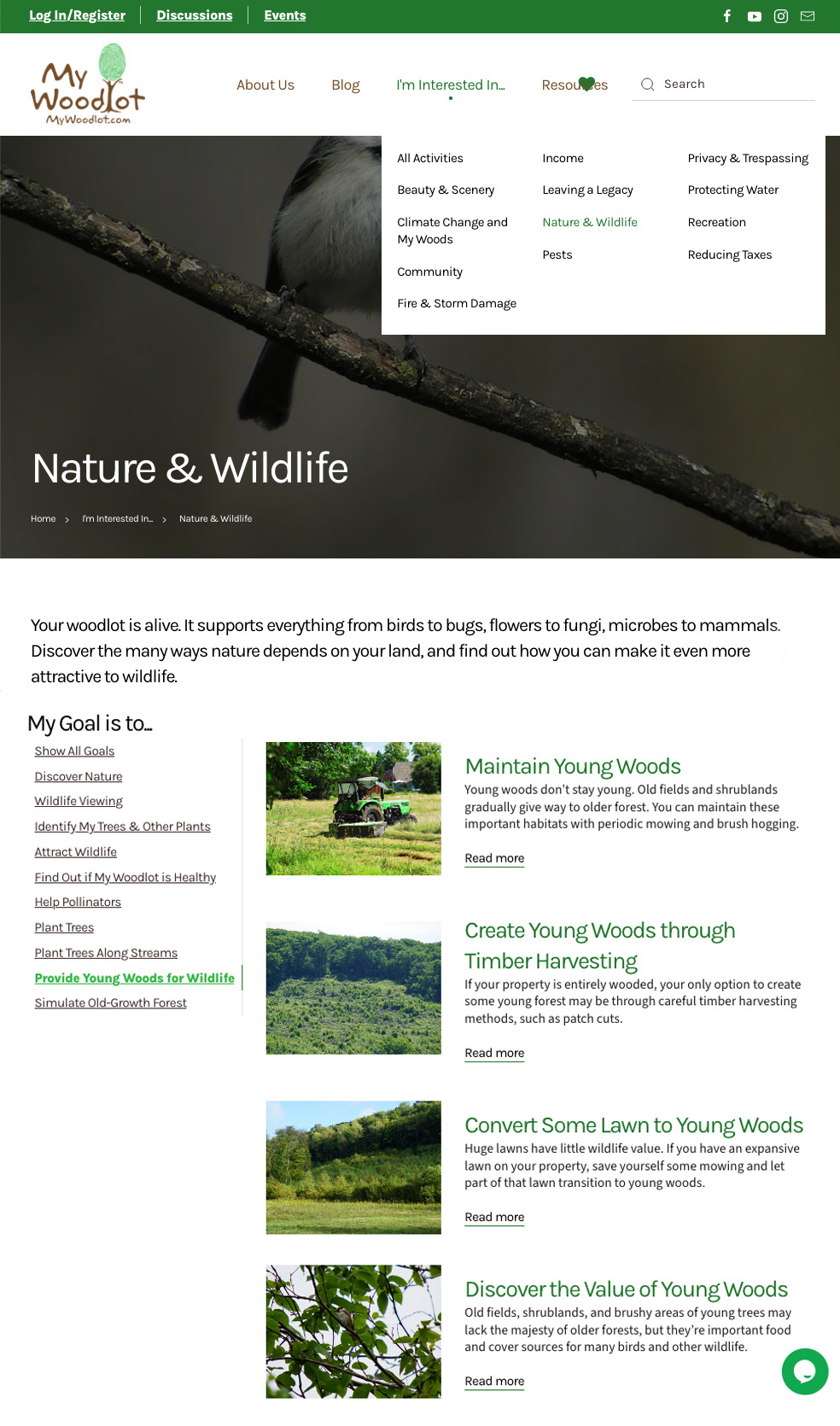 Screenshot of current MyWoodlot site showing the Interest Area, Goal, and Activity selection process in use.