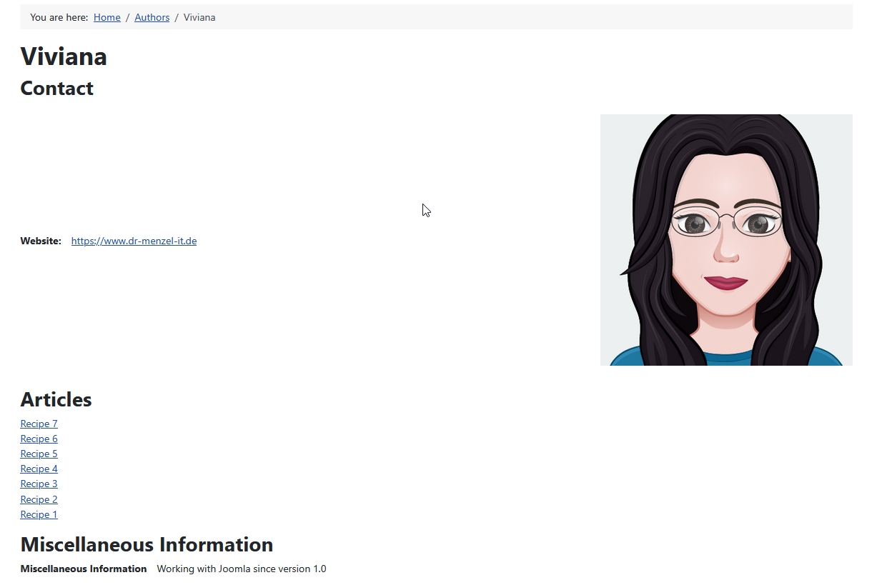 View of author page in frontend