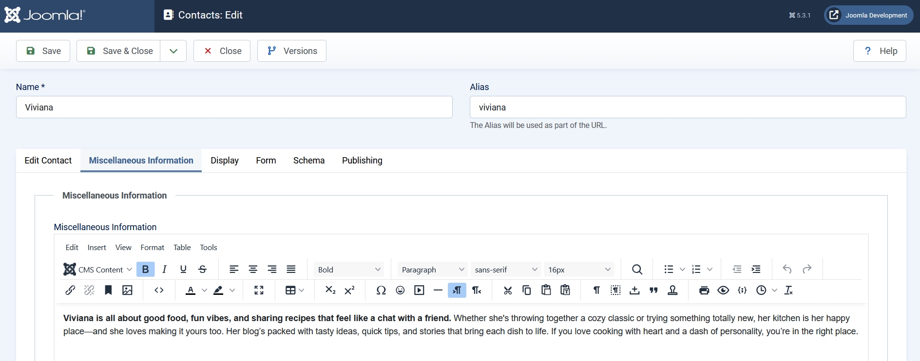 Screenshot from More Information field in contact
