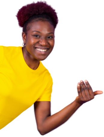 young woman wearing a yellow t-shirt signalling welcome with her outstretched hand