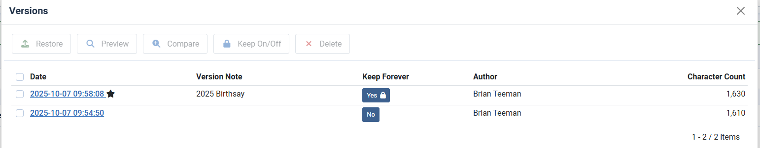 Screenshot showing that a version has been marked to be kept forever