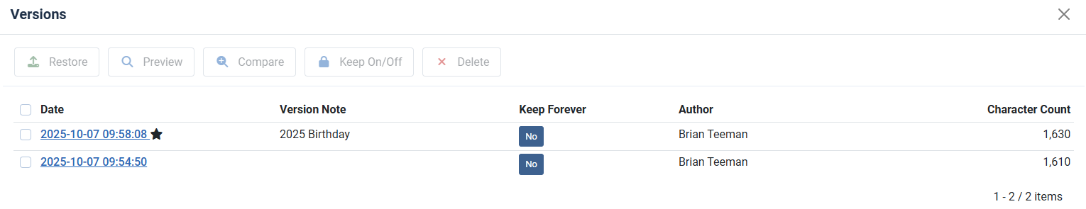 Screenshot showing the version note