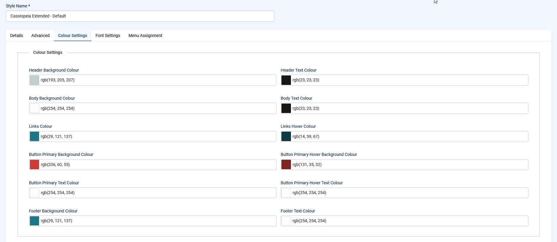 Screenshot of the Colours Settings