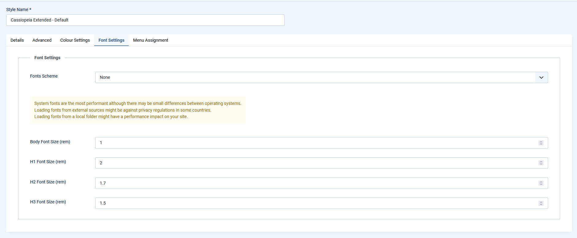 Screenshot of the Font Settings