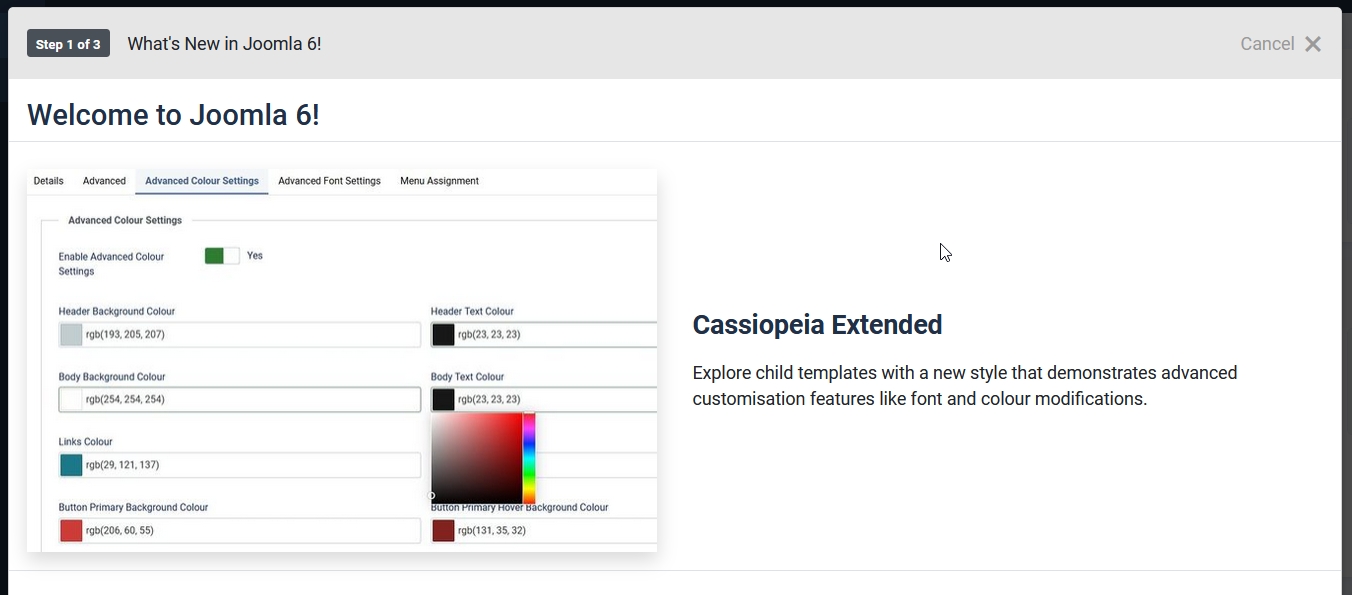 Screenshot of the What's new guided tour