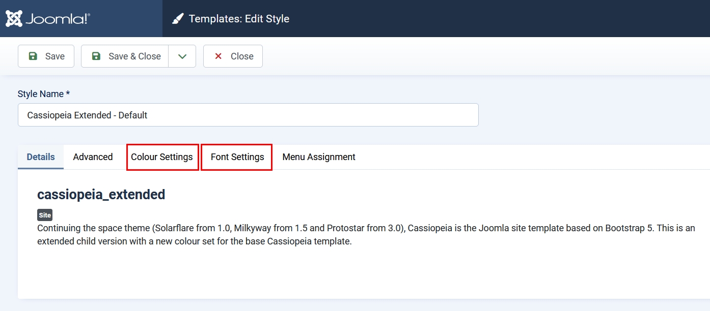 Screenshot of the Cassiopeia Extended style with the two new settings tabs marked