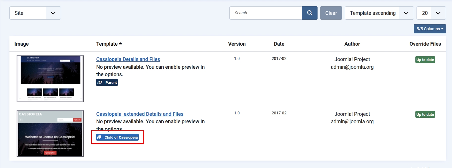 Screenshot of the templates list in backend
