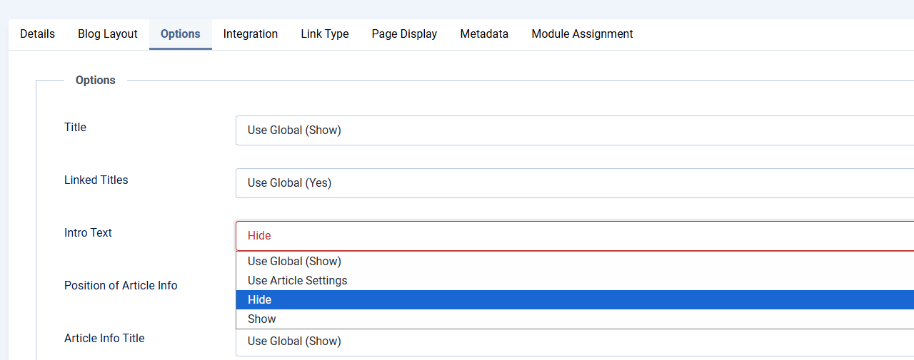 Blog menu item settings showing Intro Text = No