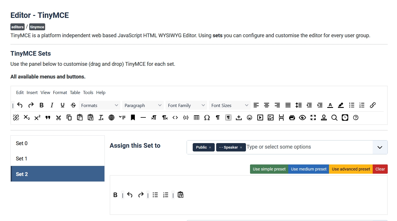 Screenshot of TinyMCE's configuration