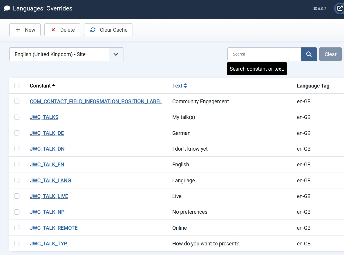 Screenshot of the language strings