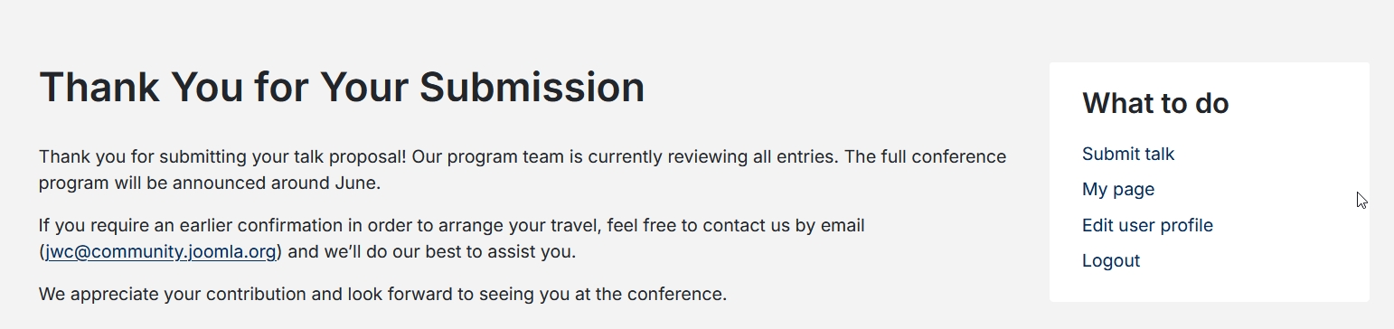 Screenshot of the thank you page