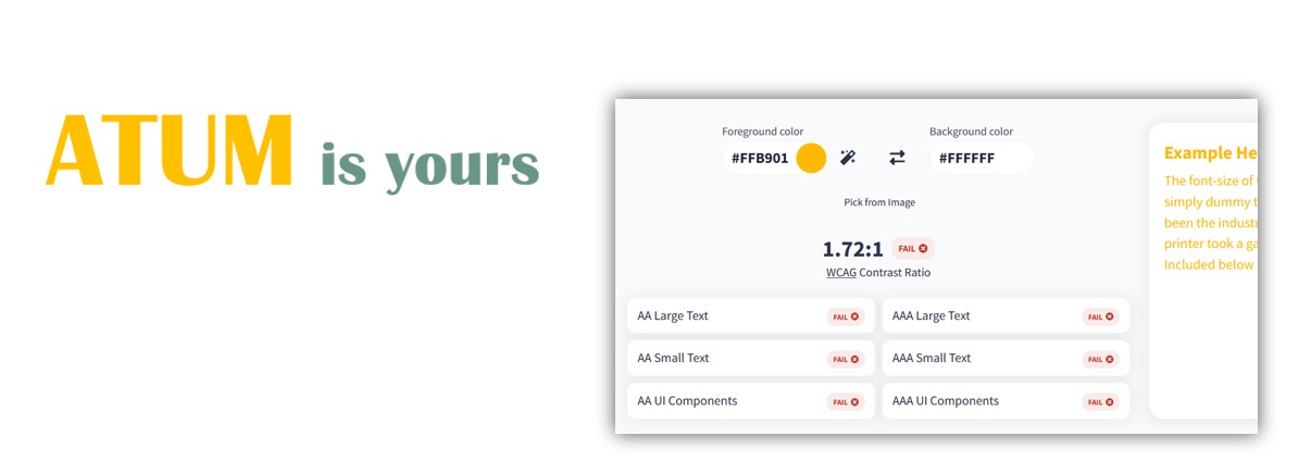 A yellow logo with a colour contrast checker. It fails all tests