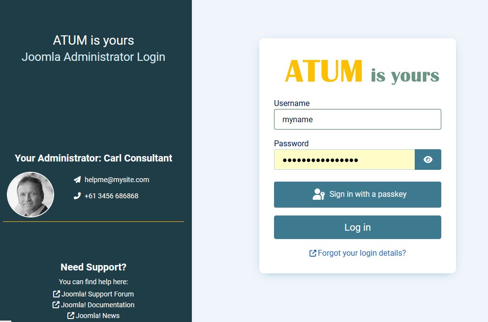 login page with contact information