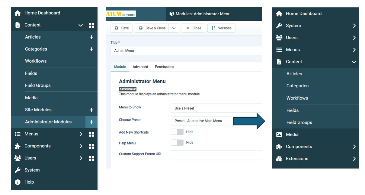 the defalut menu with as creen of the module admin-menu and the alternate menu itself