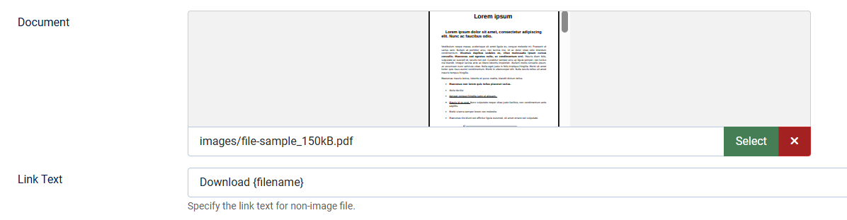 Document field select with input for customising the link text
