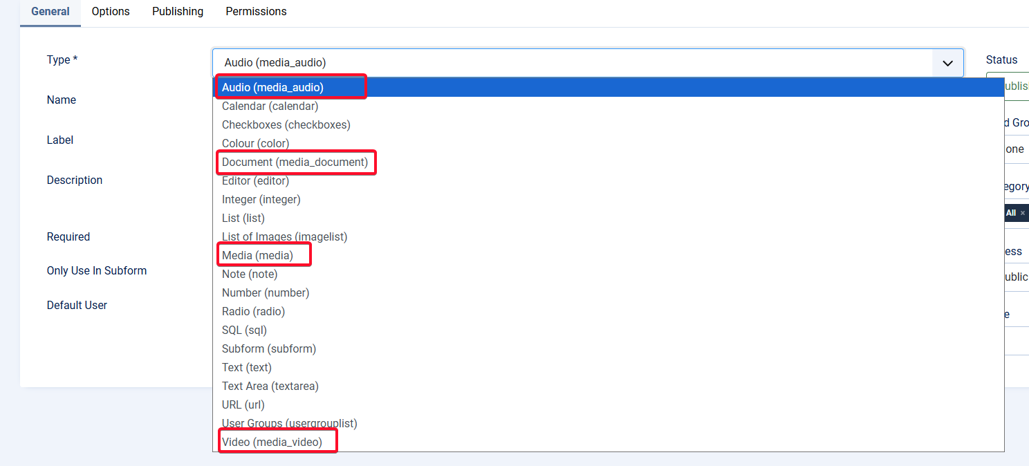 Field type dropdown in Joomla 6.1