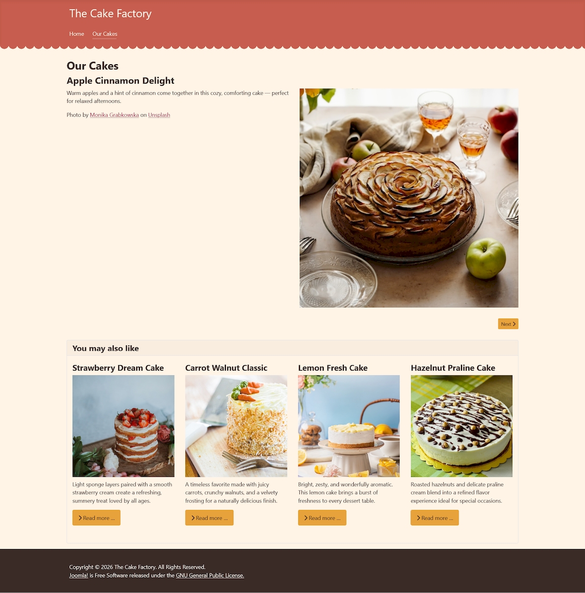 Screenshot of the single cake article