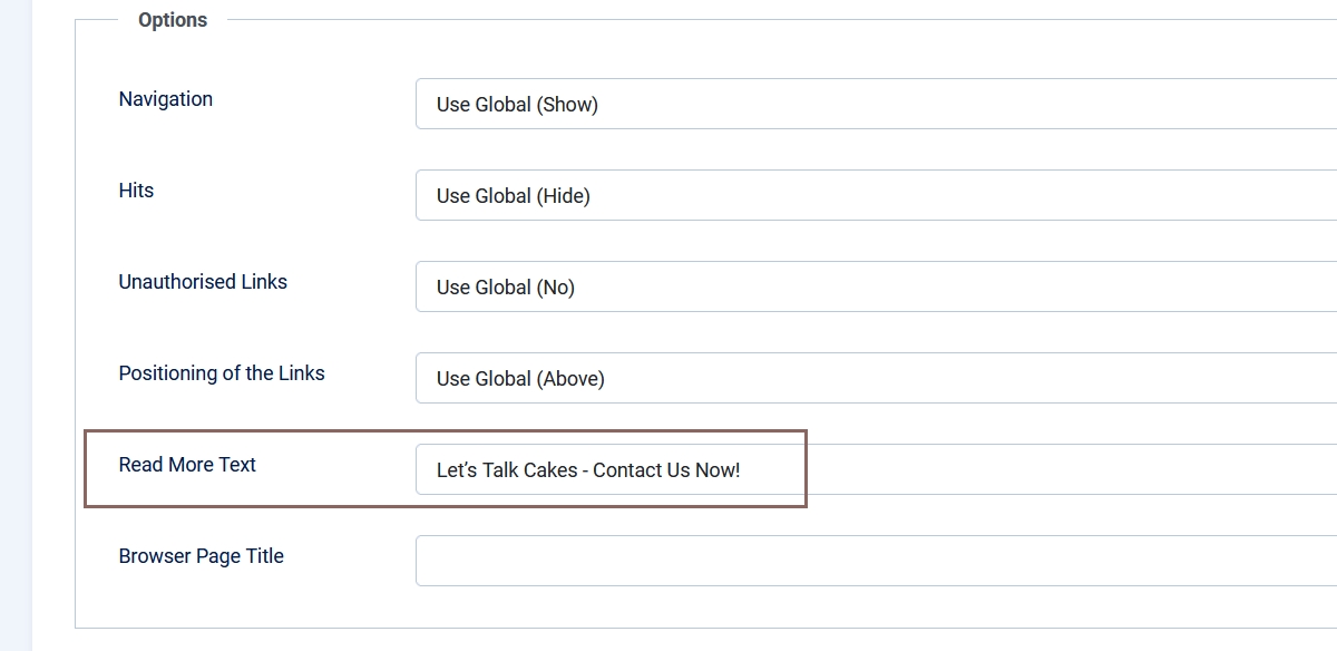 Screenshot of the articles options, in special the parameter Read More Text