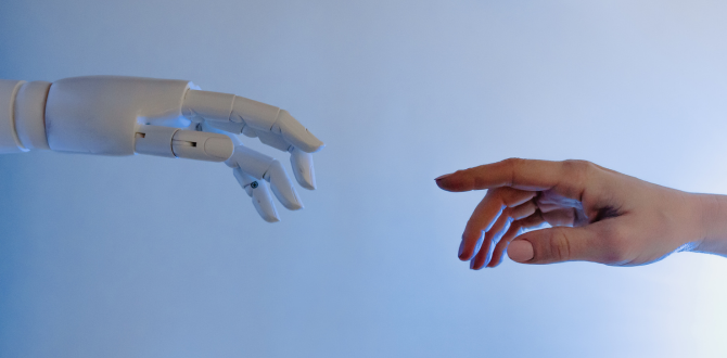 A robotic arm touching a human arm denoting artificial intelligence