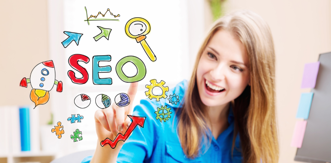 The cheesiest photo I could find of a girl on a digital whiteboard with illustrations denoting Joomla! SEO
