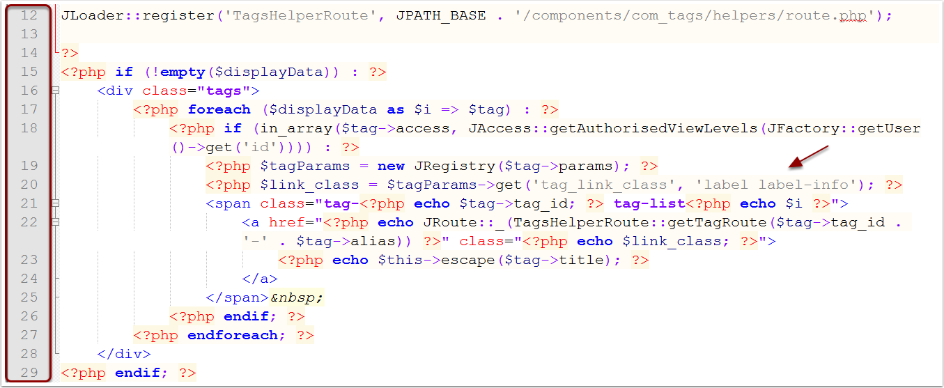 Código del archivo tags.php