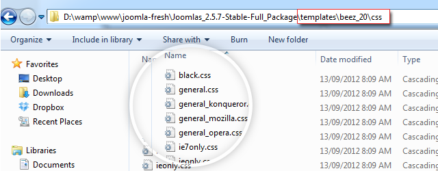 Sin LESS, Joomla! 2.5 usa estilos CSS 