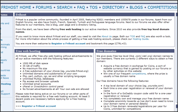 Free web hosting services | Frihost's screenshot