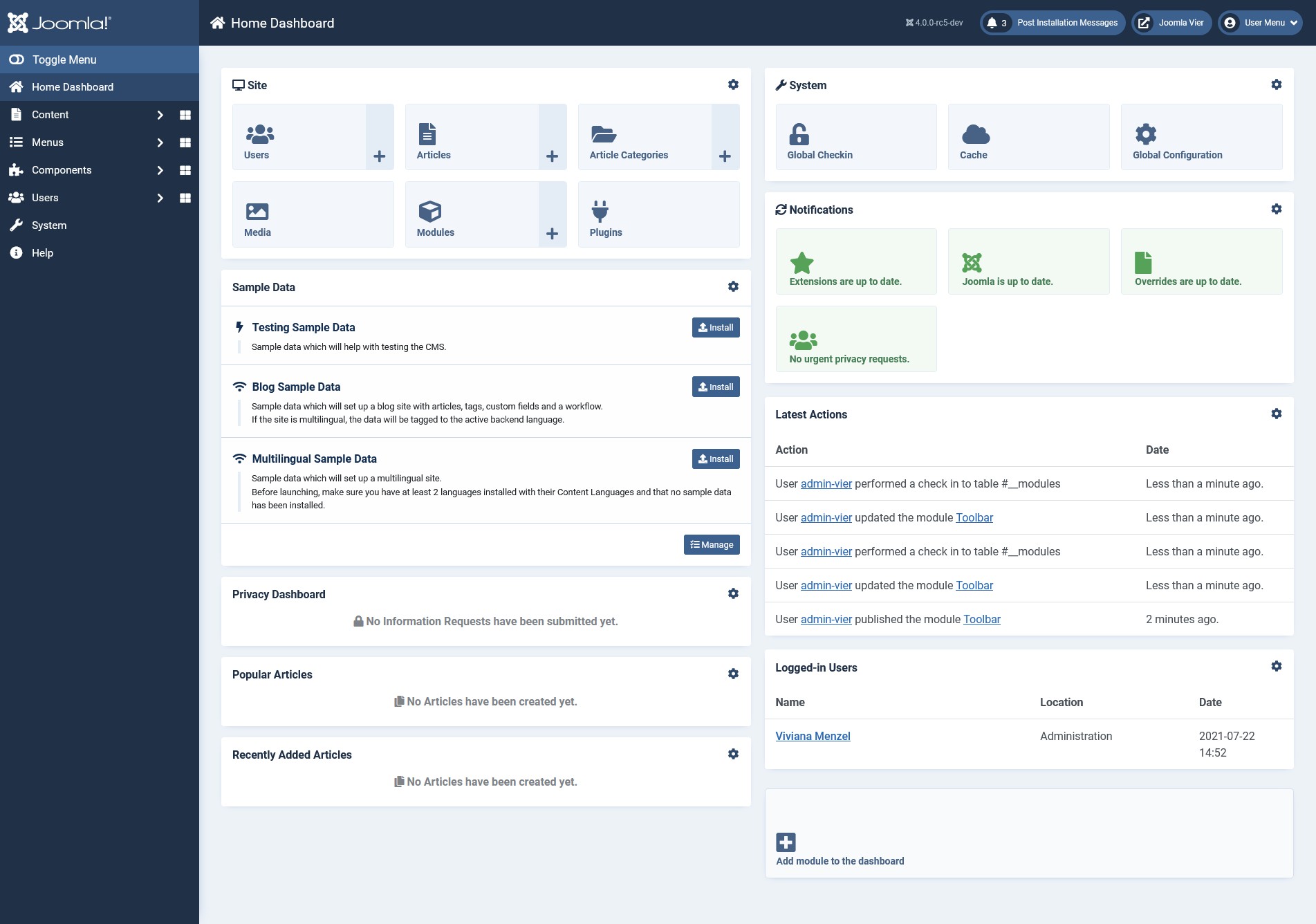 Joomla 4 dashboard